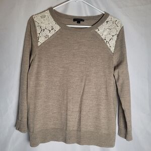 J.Crew Merino Wool 3/4 Sleeve Lightweight Sweater Lace Detail Taupe/Ivory XL